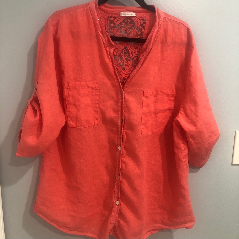 100% Linen Made In Italy Size L/XL Button Up Woman’s Blouse Orange Sequence Lace